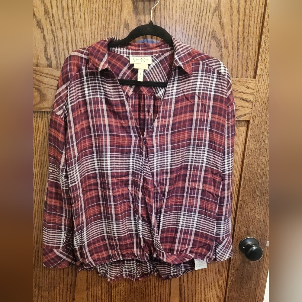 Jessica Simpson Maroon And Navy Plaid NURSING Shirt
